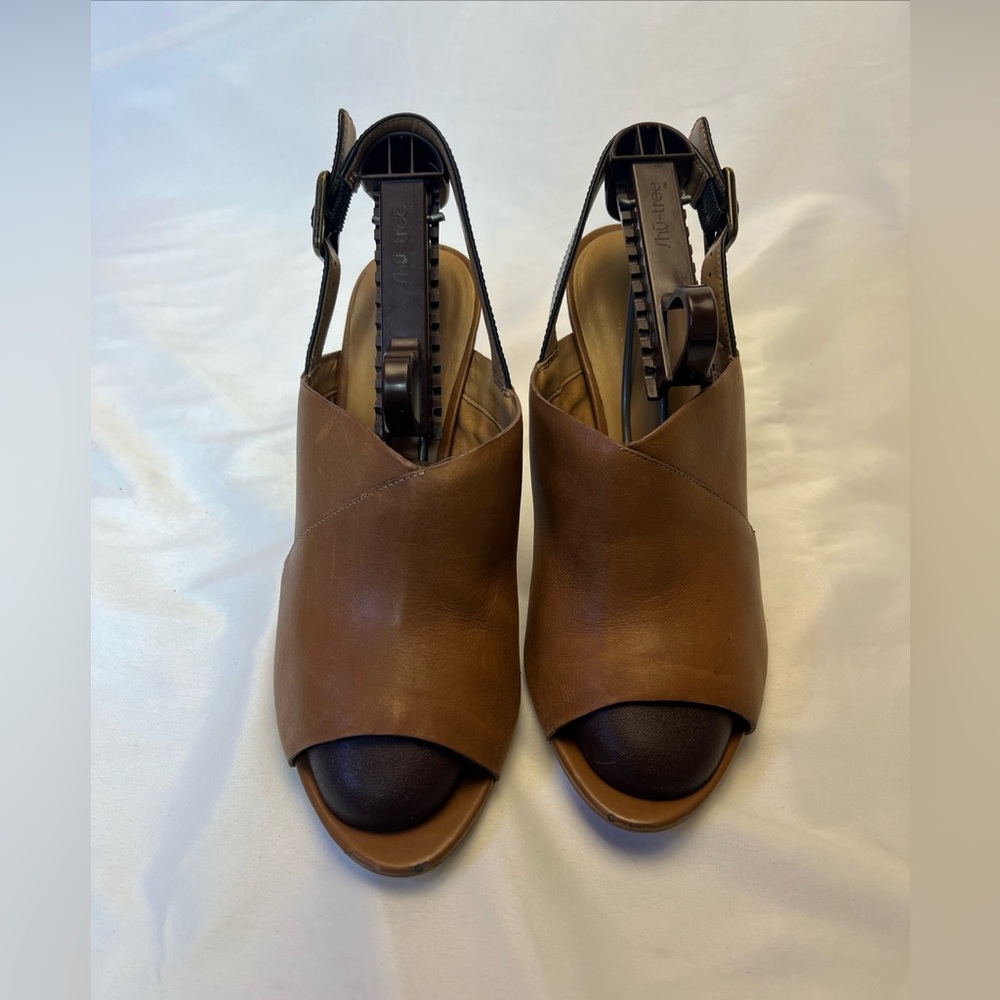 Franco Sarto Heels Women 9.5 M Quatrain Brown Leather Peep Toe Black Slingback - Picture 7 of 9